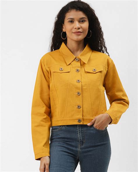 mustard colored denim jacket.